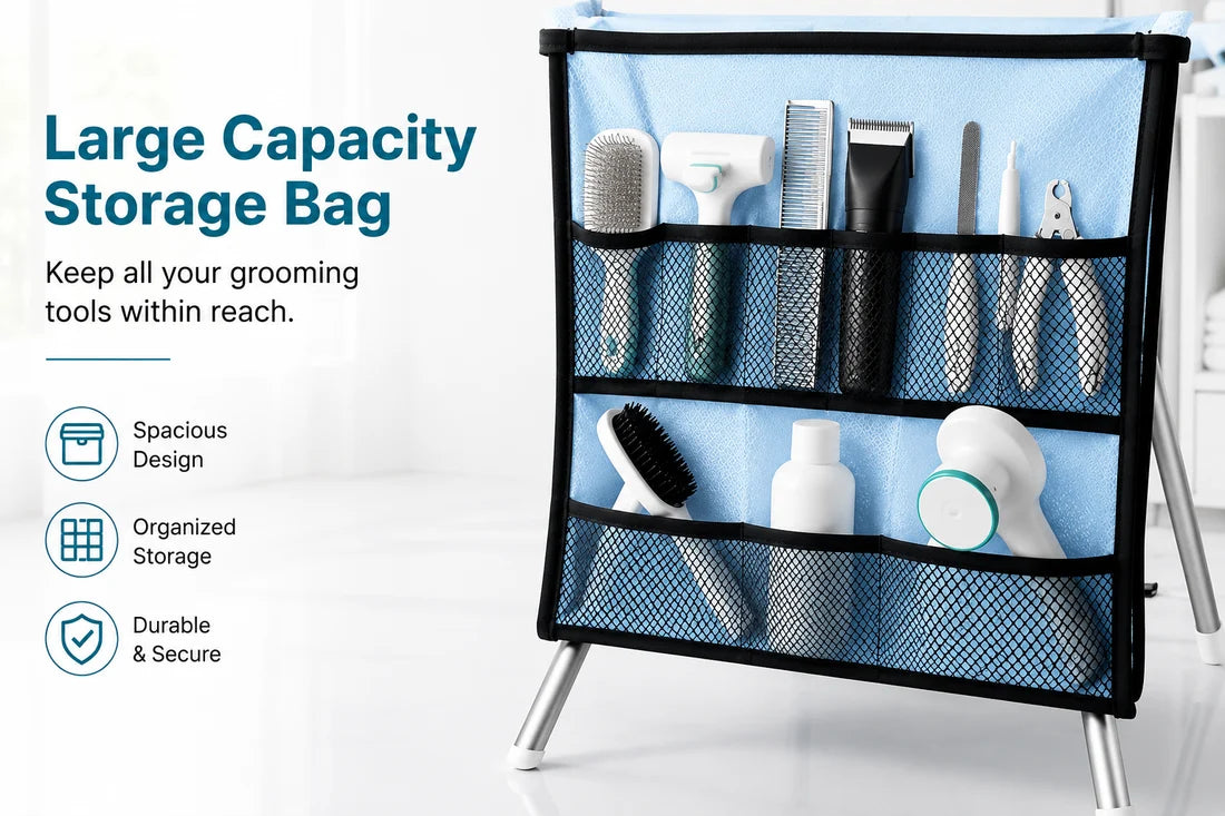 PawBaths grooming stand with quick-drain mesh top and built-in storage pockets