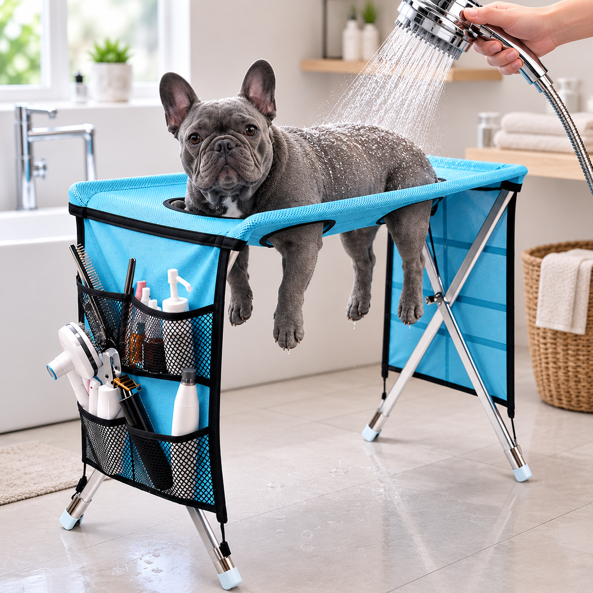 Dog resting on the PawBaths elevated grooming and bath stand during a bath