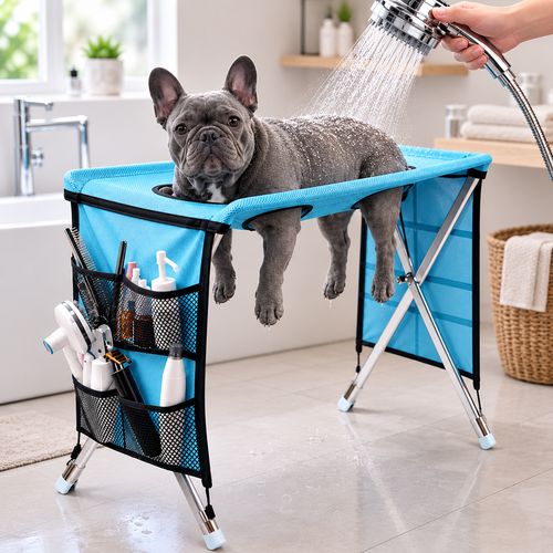 Dog resting on the PawBaths elevated grooming and bath stand during a bath